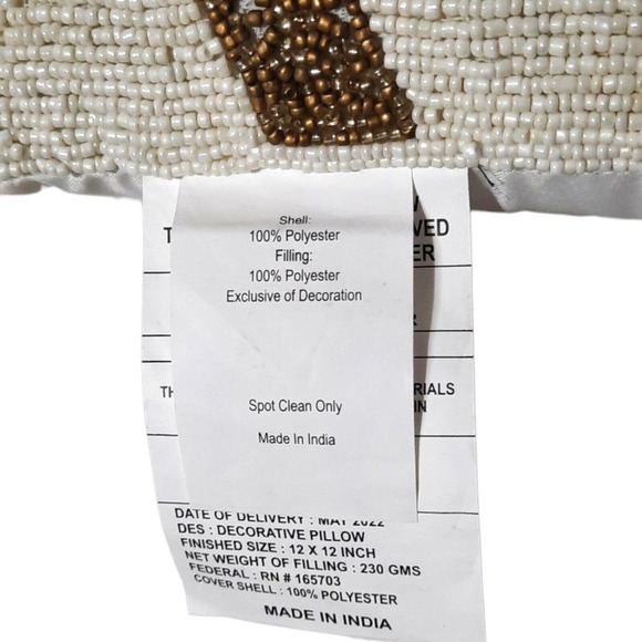 Laurel Grove Beaded Decorative Owl Pillow Gold/White 12"x12" - Picture 4 of 5